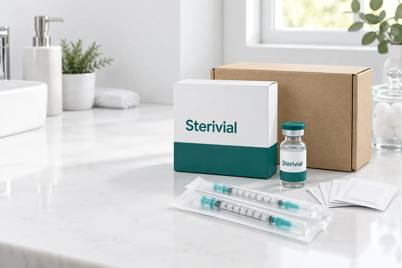 Sterivial syringes, vial and prep pads on a bathroom bench beside a plain mailer box