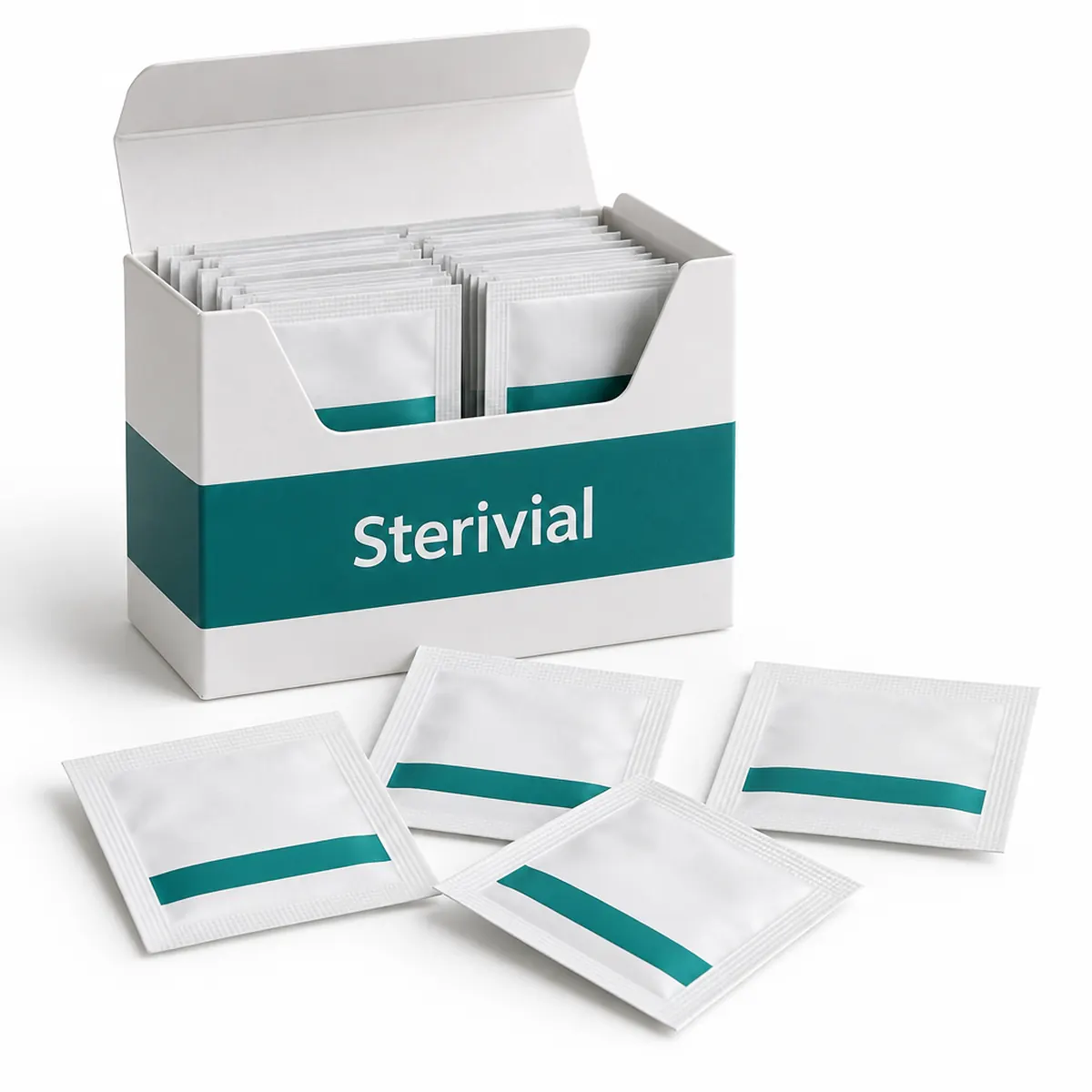Box of 100 Sterivial alcohol prep pads with individual sachets
