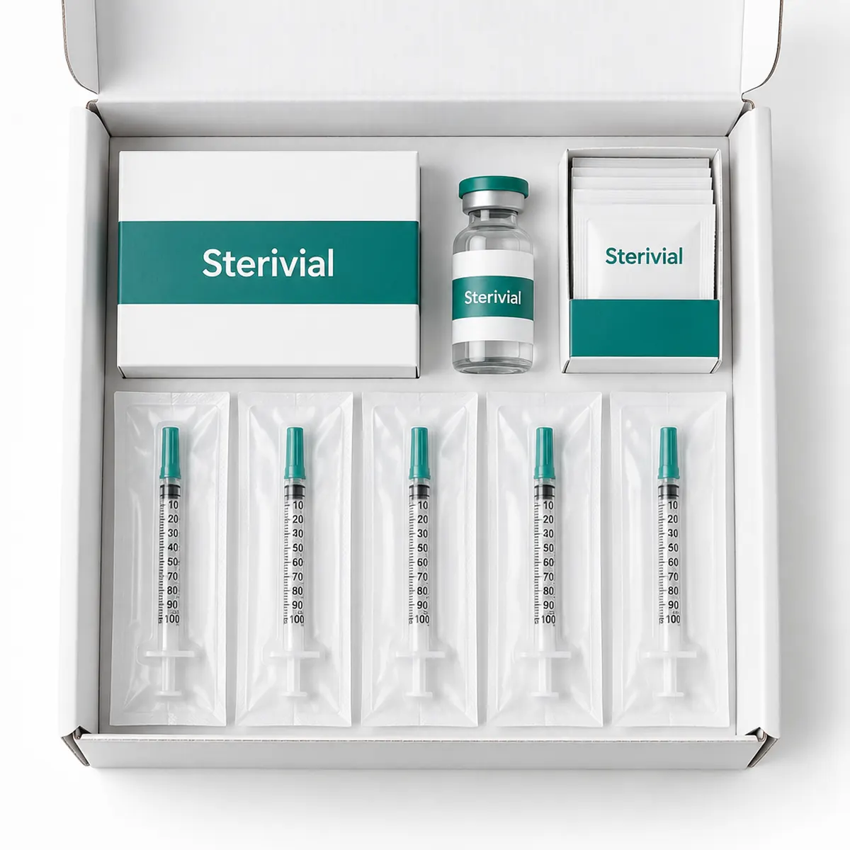 Sterivial starter kit: syringes, 10 ml vial and prep pads in a mailer box