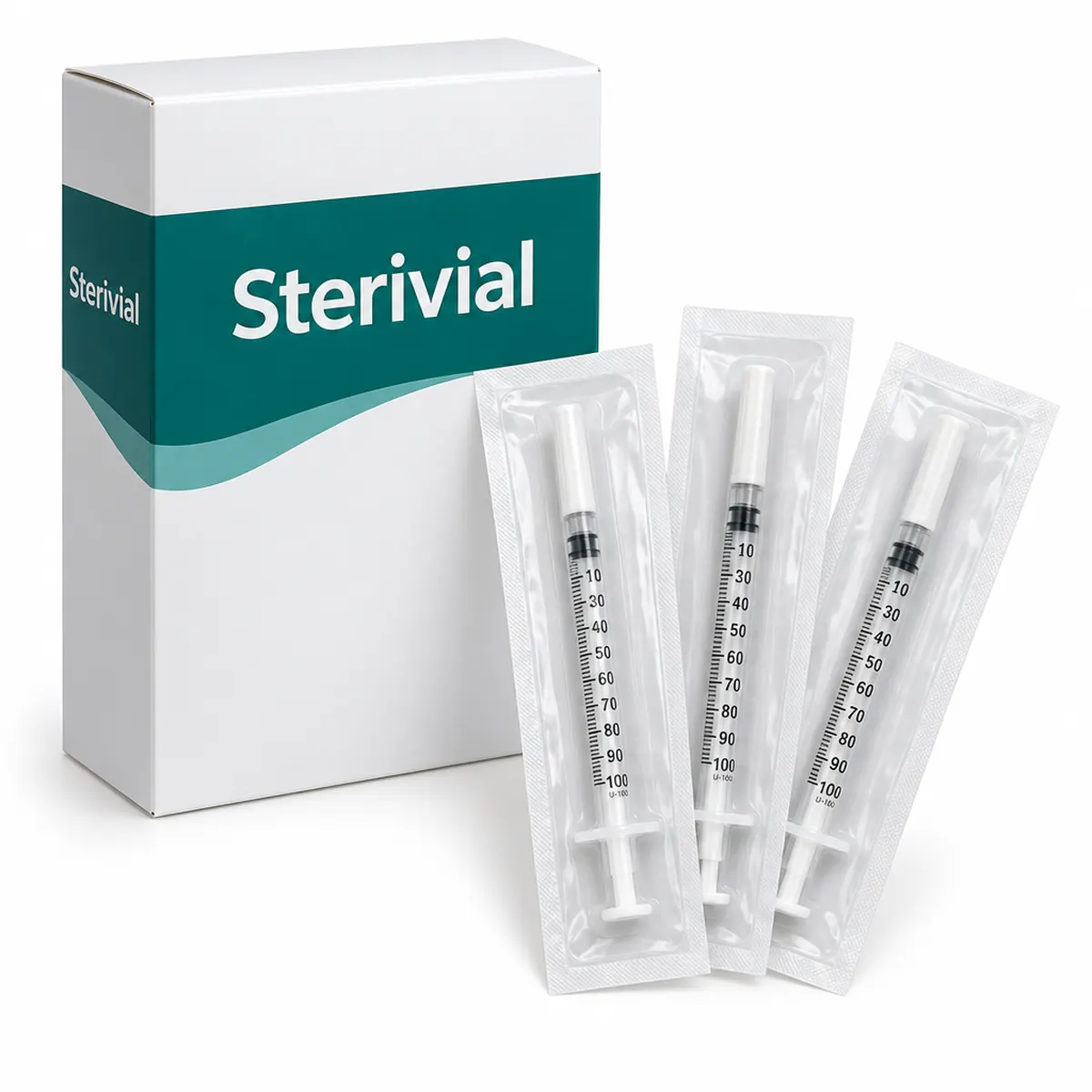 Box of Sterivial 1 ml insulin syringes with three individually wrapped syringes